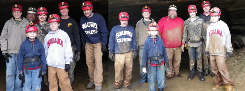 before and after photo of cave exploring group
